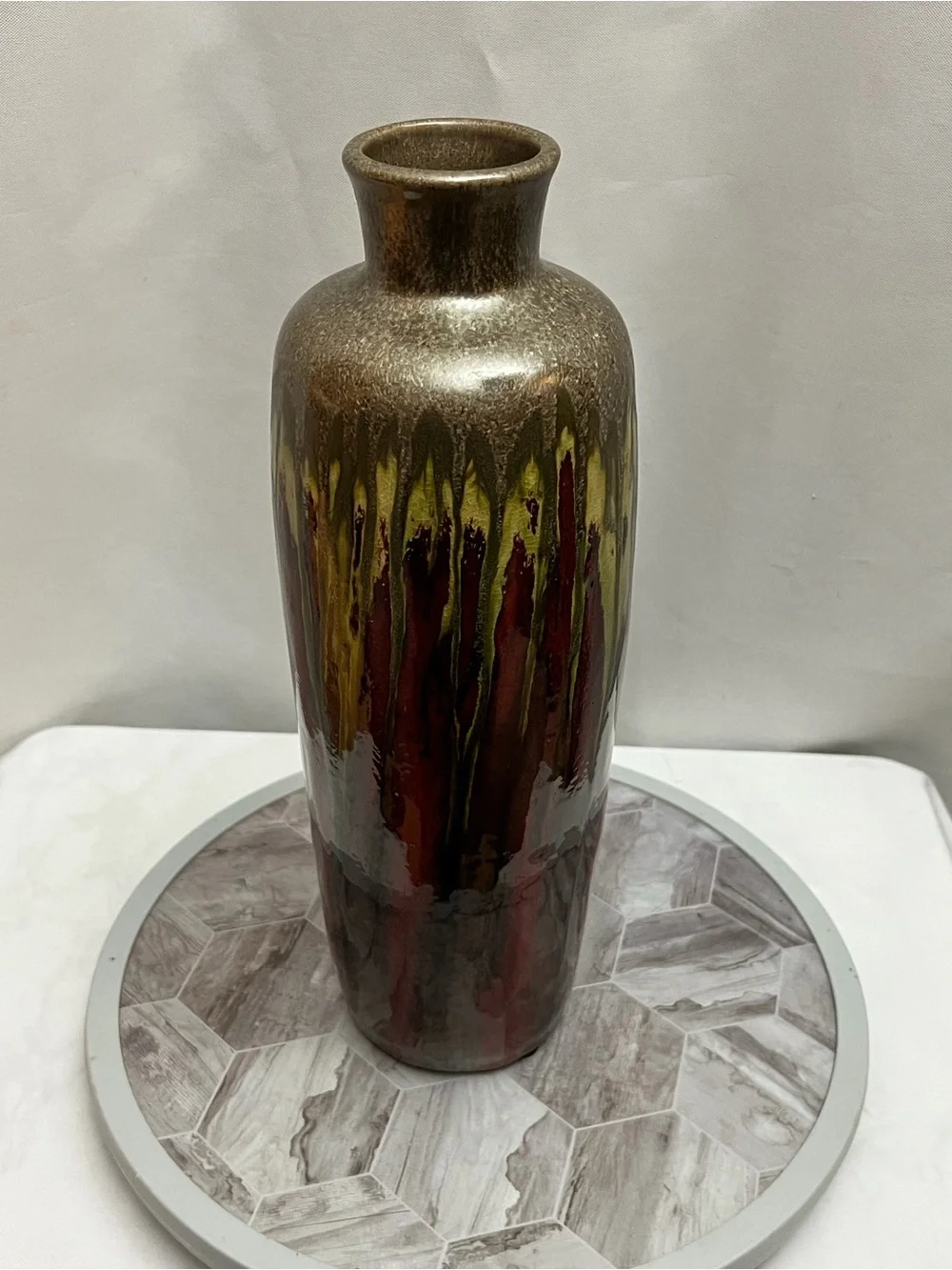 Pier 1 Drip Glaze Floor Vase Metallic Red Gold Brown Decorative Ceramic Vase